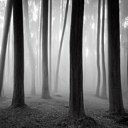 Image similar to long exposure photograph of eucalyptus trees, strong wind, back light, dslr, photographed by trent parke