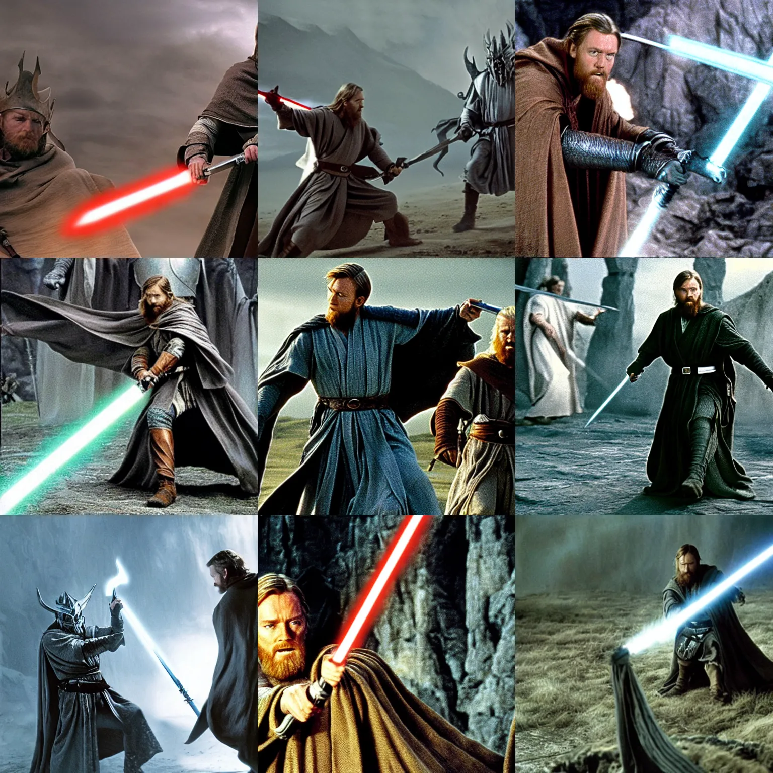 Prompt: obi - wan kenobi fighting the witch king, lord of the rings film still