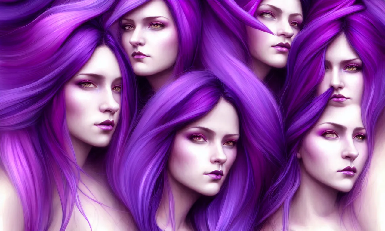 Image similar to Purple hair relistic Portrait of a three woman with bright colored flying hair, all shades of purple. Beauty face, Hair coloring, fantasy, intricate, elegant, highly detailed, digital painting, artstation, concept art, smooth, sharp focus, illustration, art by artgerm and greg rutkowski and alphonse mucha