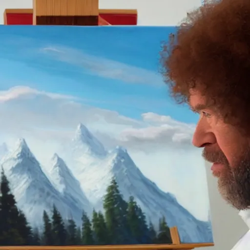 Image similar to a closeup photorealistic photograph of bob ross working on a canvas painting of superman. film still. brightly lit scene. mountains and trees. this 4 k hd image is trending on artstation, featured on behance, well - rendered, extra crisp, features intricate detail, epic composition and the style of unreal engine.