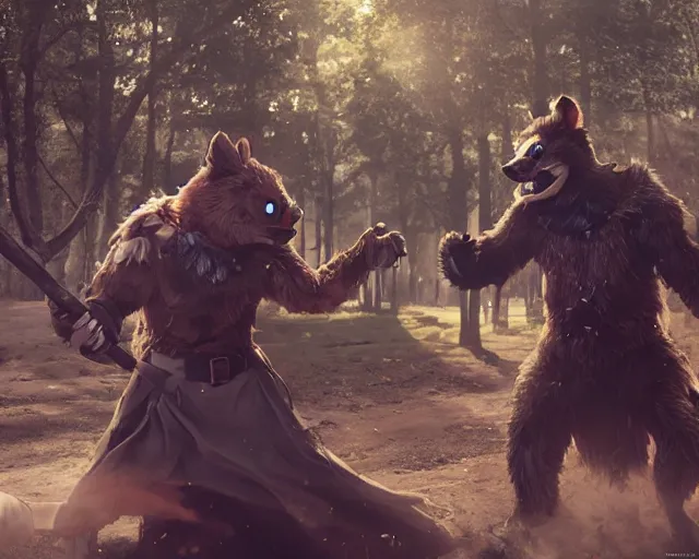 Image similar to gerald of rivia fighting with fursuit cosplayers, cinematic, concept art, wlop, beeple, highly detailed, face, hands, unreal engine, octane render