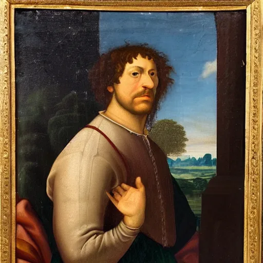 Prompt: a renaissance style portrait painting of The gentleman with the hand on his chest