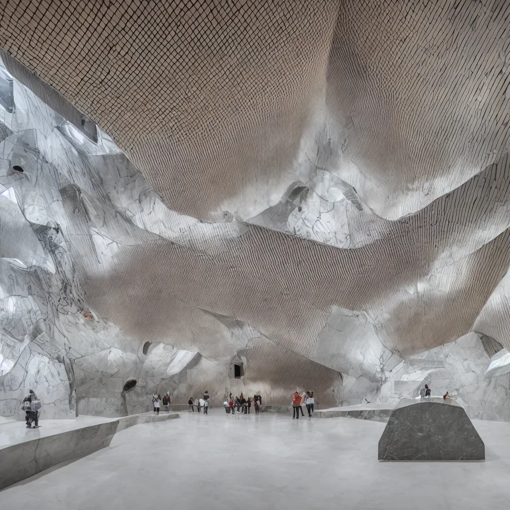 Image similar to maximalist art gallery skate church designed by Tadao Ando, Salvador Dalí, Gaudi, Zaha Hadid, Dieter Rams, large marble slab walls, wet reflective tile floor, architecture photography, mood lighting 8K 4K HDR