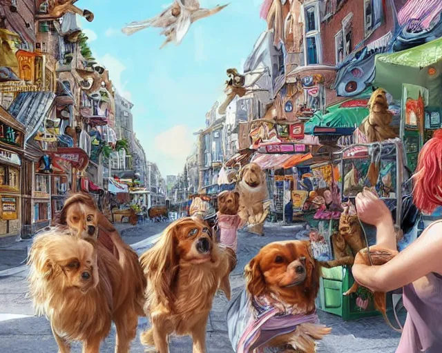 Prompt: bustling city street, many cavalier king charles spaniel dogs, dogs everywhere, quaint market town, art by artgerm