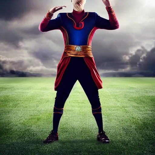 Image similar to conceptual football uniform with doctor strange outfit design, photography, filmic, cinematic, glamor shot