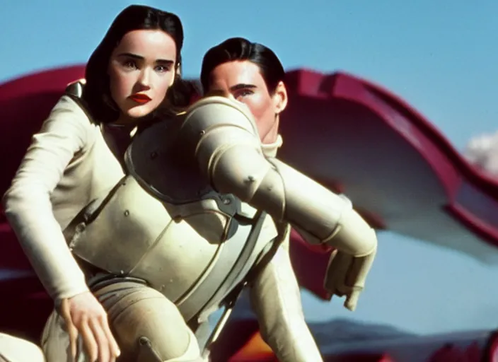 Image similar to a color movie still from the modern film the rocketeer featuring young jennifer connelly in her role as jenny blake ; color