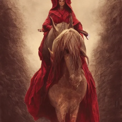 Image similar to a masterpiece! photographic portrait of a a cloaked woman riding the back of a scarlet - colored beast!! with seven heads!! and ten horns!! by gustave dore and sam spratt and allen williams, trending on artstation, cgsociety, 8 k hd, earthtone colors,