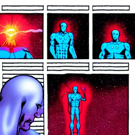 Prompt: A panel from a comic, of Doctor Manhattan reaching out his hand to create new life, in the art style of Dave Gibbons.