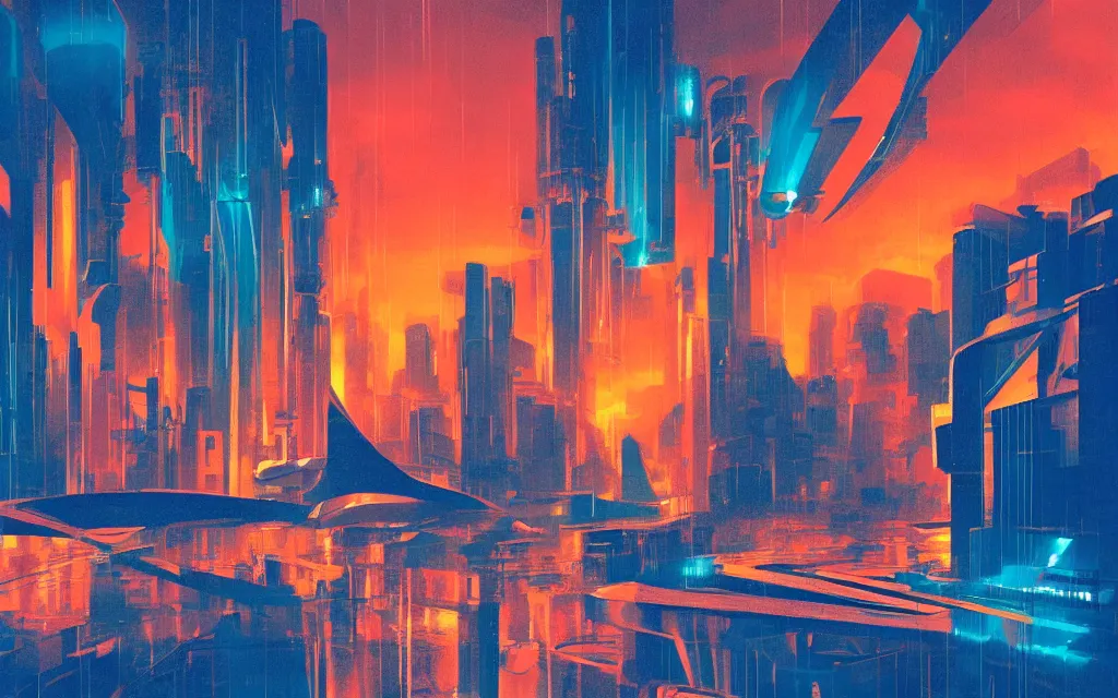 Image similar to futuristic city with rain, in the style of syd mead, orange and turquoise color scheme,