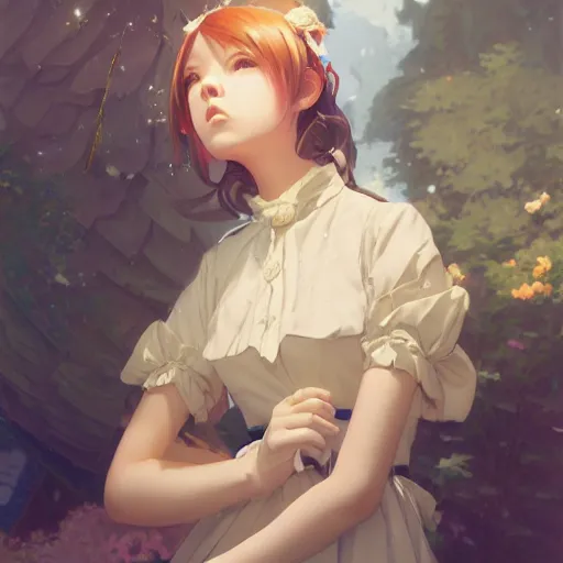 Image similar to a young woman in maid uniform by Stanley Artgerm Lau, WLOP, Rossdraws, Guweiz, Marc Simonetti, Studio Ghibli, krenz cushart, pixiv, background by James Jean and gustav klimt and John Marshall Gamble, 4k, volumetric lighting, french nouveau, trending on artstation, octane render, hyperrealistic