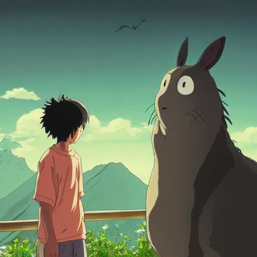 Prompt: guy and a friendly creature in the spirited away style, 4k art, high detail, smooth, anime beautiful peace scene, detailed face, studio ghibli, sharp focus high quality, fantasy, forest, detailed, wonderful, sky, night, detailed creature,