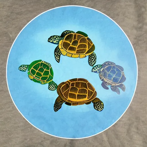 Image similar to a stack of turtles beneath a flat earth, round map, turtle pile