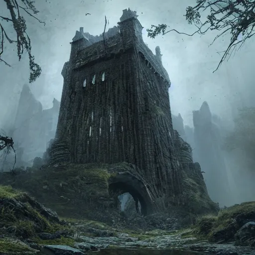 Image similar to full body pose, hyperrealistic photograph of the black keep of rotbog swamp, dim volumetric lighting, 8 k, octane beautifully detailed render, extremely hyper detailed, intricate, epic composition, cinematic lighting, masterpiece, trending on artstation, very very detailed, stunning, hdr, smooth, sharp focus, high resolution, award, winning photo, dslr, 5 0 mm