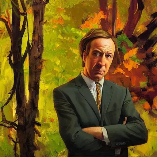 Prompt: greg manchess portrait painting of saul goodman from breaking bad hiding in the woods, looking scared, bright colours, medium shot, asymmetrical, profile picture, organic painting, sunny day, matte painting, bold shapes, hard edges, street art, trending on artstation, by huang guangjian and gil elvgren and sachin teng