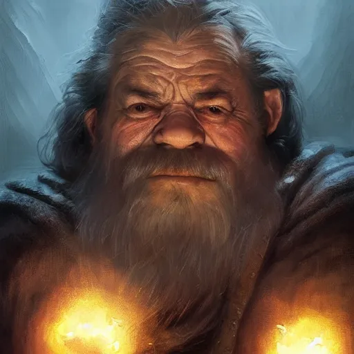 Image similar to portrait of a brutal dwarf hugging the humongous raw, unrefined gold nugget, lump of native gold, realistic, handsome eyes and hands, fantasy art, dnd, lord of the rings, mid - shot, moody lighting, by greg rutkowski, stanley lou, artgerm, trending on artstation, concept art, sharp focus, ray tracing