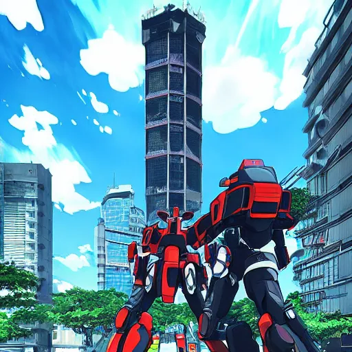 Image similar to “arasaka tower grounds being patrolled by mechs. Anime background art in the style of Akira. HD hyperrealistic 8K photomode.”