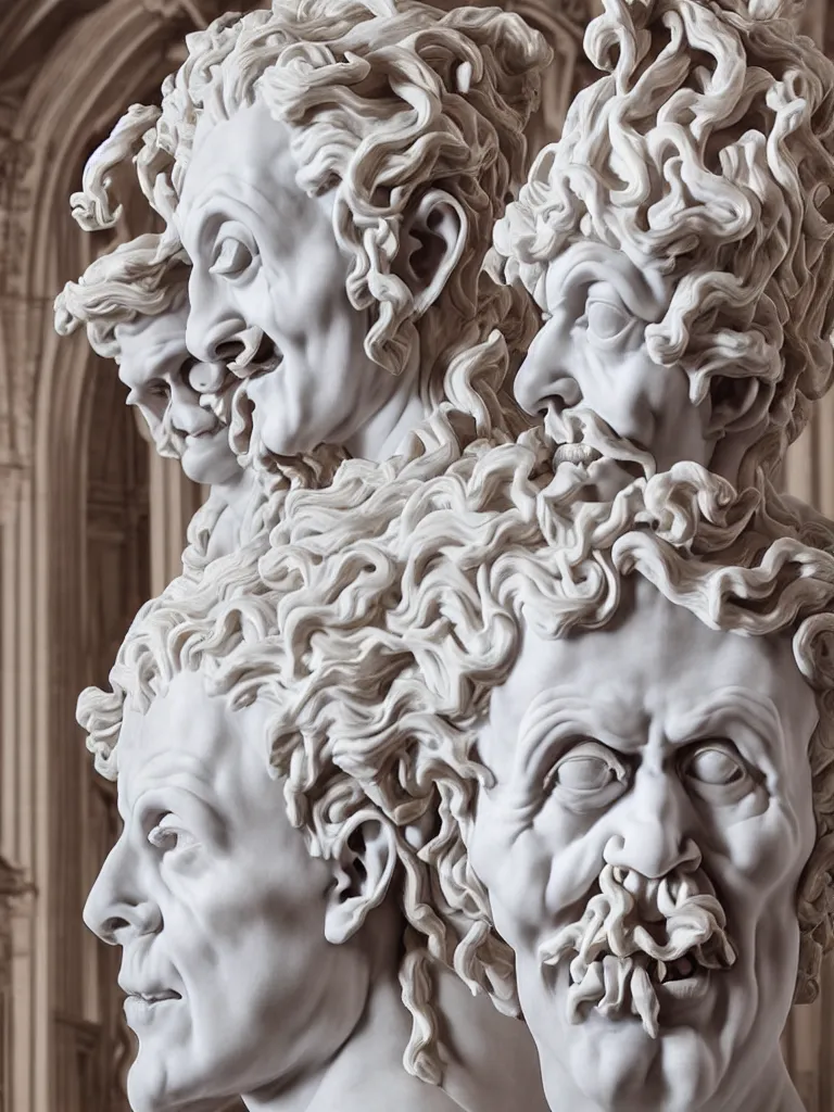 Image similar to Epic view of intricate stained white marble statue with triple head clown faces looking to both sides using a purple velvet veil over his shoulder sculpted by Antonio Corradini and Bernini