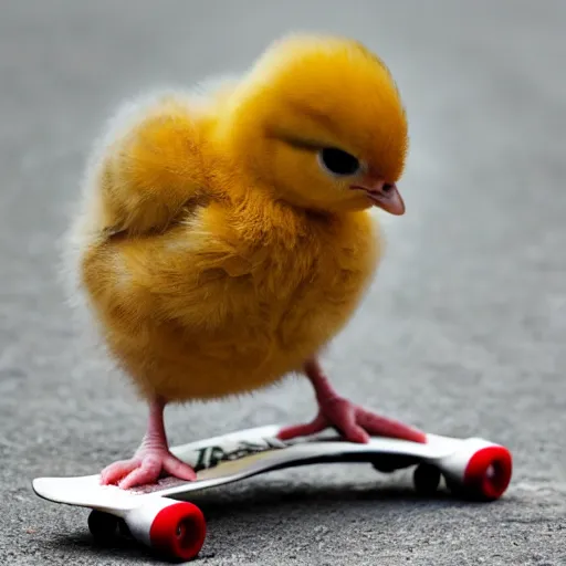 Image similar to a baby chick riding a skateboard