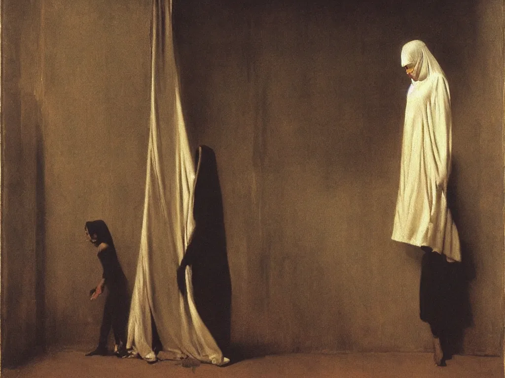 Prompt: strip club, portrait of arab young girl in a burqa by michael sowa