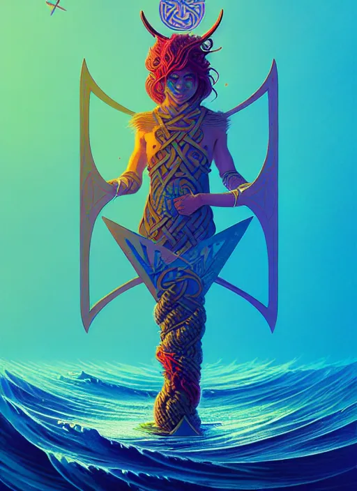 Prompt: fractal tarot card of a viking naturepunk master of oceans and wind water and boats, beautiful detailed realistic cinematic character concept fashion portrait, hi - fructose art magazine, by anton fadeev and paul lehr and david heskin and josan gonzalez, 8 k