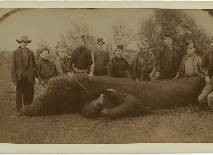 Prompt: tintype photo group of hunters with a giant dead woolly mammoth on the ground by their feet