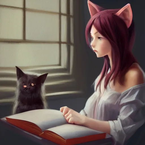 Image similar to Girl with cat ears studying from a textbook, expressive oil painting, matte art, digital art, trending on artstation, anime style, beautiful lightning, atmospheric