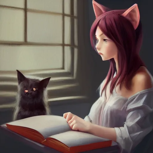 Prompt: Girl with cat ears studying from a textbook, expressive oil painting, matte art, digital art, trending on artstation, anime style, beautiful lightning, atmospheric