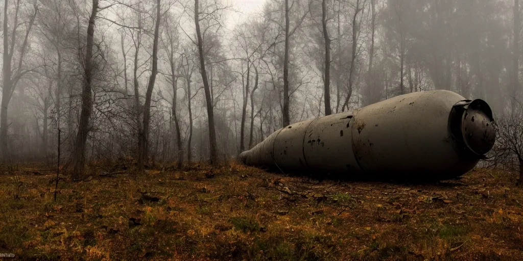 Image similar to abandoned soviet nuclear bomb in the woods, around everlasting darkness, atmospheric, wide shot, high definition, high detail, foreboding, artstation, foggy