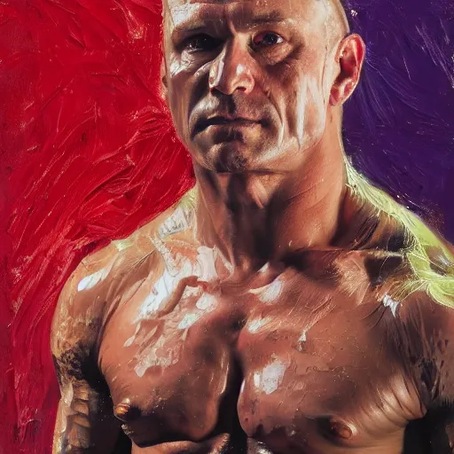 Prompt: Portrait of Mariusz Pudzianowski in the style of Disco Elysium, painting by Jenny Saville and Pavlo Guba, strong red hue