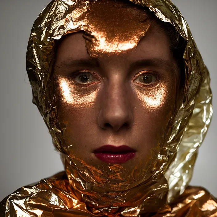 Image similar to closeup portrait of a woman wrapped in copper cellophane, standing in a derelict biology lab science, color photograph, by clemens ascher, canon eos c 3 0 0, ƒ 1. 8, 3 5 mm, 8 k, medium - format print