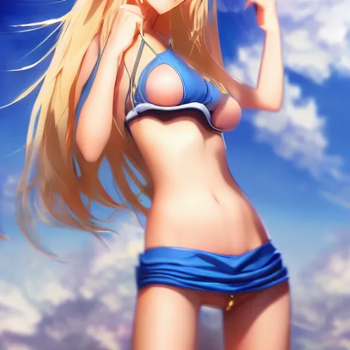 Image similar to a very beautiful young anime giantess with her tiny dad, full body, long wavy blond hair, sky blue eyes, full round face, evil grin, bikini, miniskirt, front view, mid - shot, highly detailed, cinematic wallpaper by stanley artgerm lau
