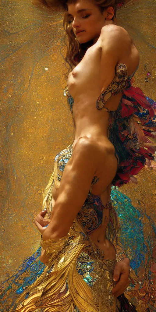 Prompt: an intricate painting of an artistic pose beautiful angel with an artistic pose, hyper - detailed, covered in fancy silk cloth with klimt motives, octane render, vivid colors, artstation, by jeremy mann, by alphonse mucha, by boris vallejo, by gustav klimt