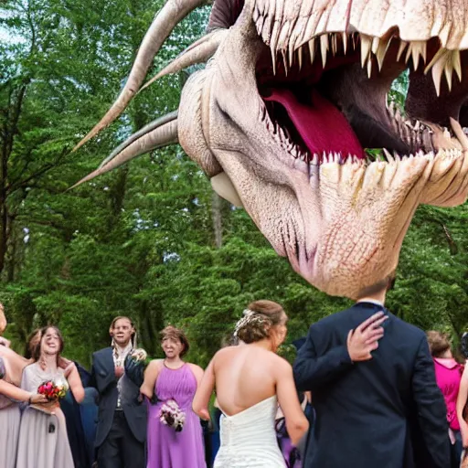 Image similar to tyrannosaurus rex attacks during ceremony, wedding photos, detailed, 4k