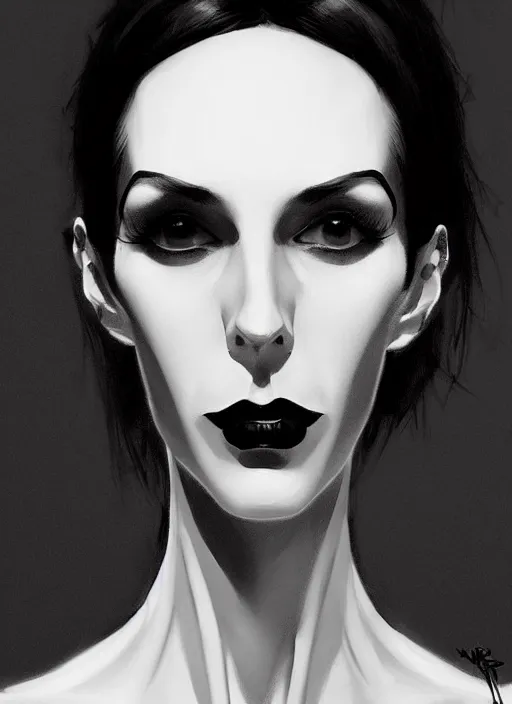 Prompt: portrait of a lanky woman with a crooked nose and a confident expression, 1 9 6 0 s, black clothes, goth, punk, funk, intricate, elegant, highly detailed, digital painting, artstation, concept art, smooth, sharp focus, illustration, art by wlop, mars ravelo and greg rutkowski