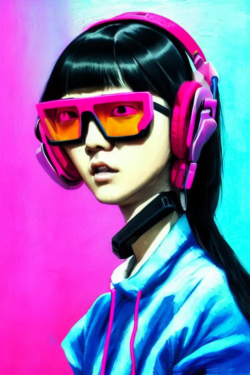 Prompt: stylized japanese cyberpunk girl, wearing : urban techwear, neon - kitty headphones on her neck and cyber sun glasses, painted in acrylic, pigment textures, in the colors hot pink and cyan, beautiful realistic face, rule of thirds, spotlight, by greg rutkowski, by jeremy mann, by francoise nielly, by van gogh, by ross tran, in focus