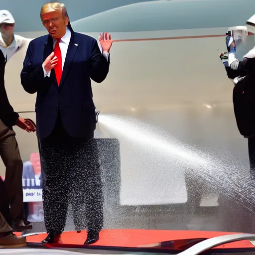 Image similar to donald j. trump spraying brown from his hands, chocolatey spray landing on liberals