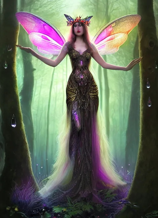 Prompt: stunningly beautiful female faerie priestess in amanita muscaria forest landscape, symmetrical wings on back, neon hair, fantasy art, wearing a dress of gossamer black, inner glow, illustration, dramatic lighting, soft details, painting, art nouveau, octane render, 8 k, hd, by edmund blair leighton, brom, charlie bowater, faces by otto schmidt