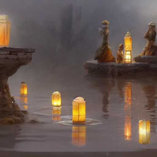 Image similar to concept art, water lanterns, high resolution, by james gurney, greg rutkowski, john howe, artstation