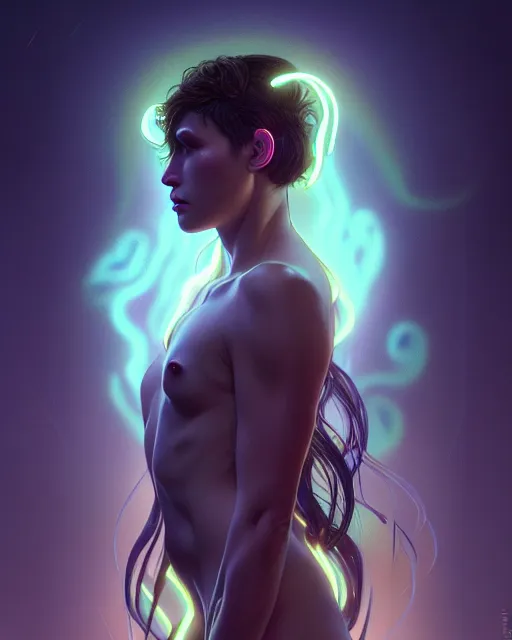 Image similar to one singular portrait of a sad bioluminescent creature, highly detailed, digital painting, cinematic, hyper realism, dark retrowave, art by stanley lau and artgerm and magali villeneuve and alphonse mucha, artstation, octane render, cgsociety