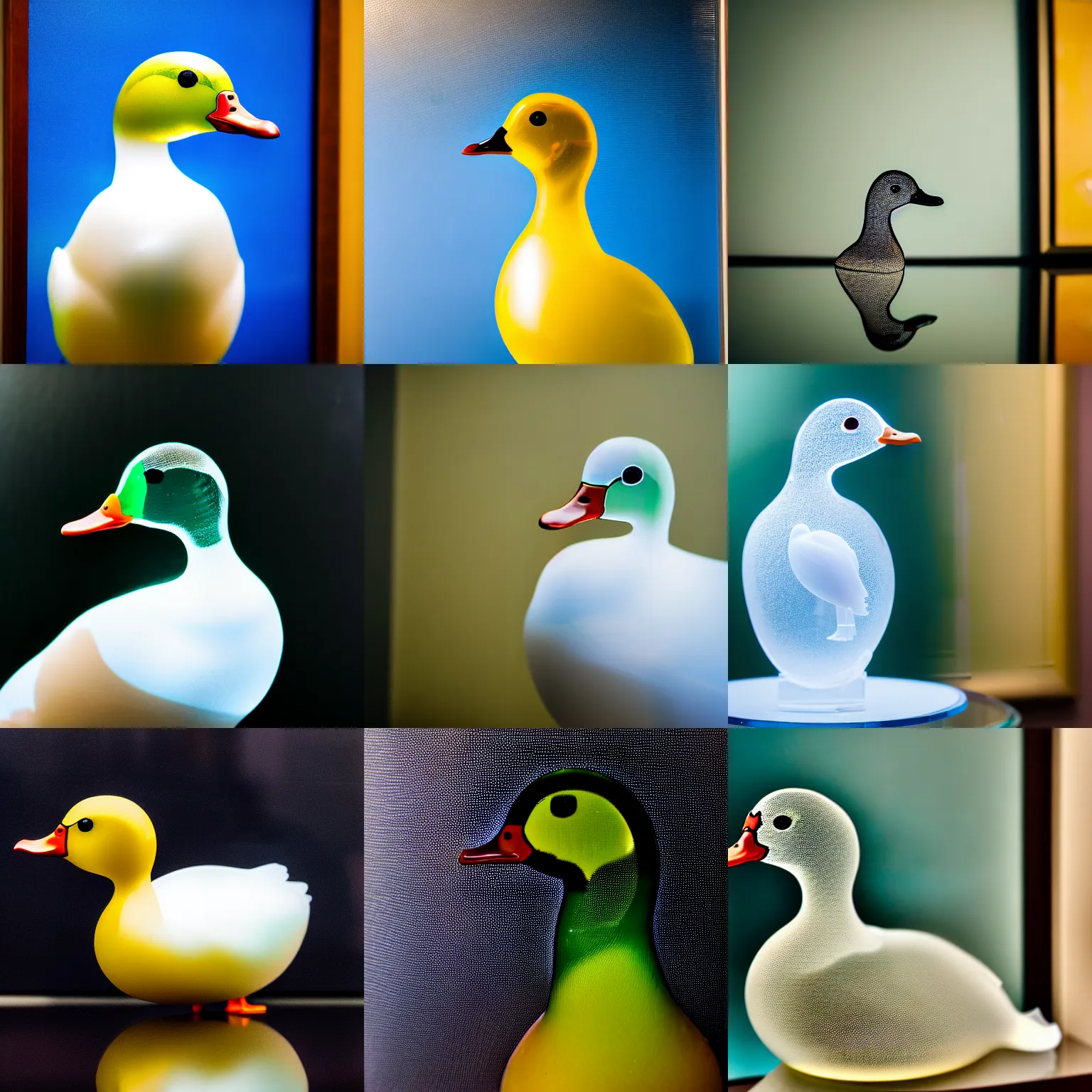 Prompt: a close up photo of a [ transparent clear glass duck in front of a painting ] ( opaque ), professional photography, sigma 8 5 mm f / 8