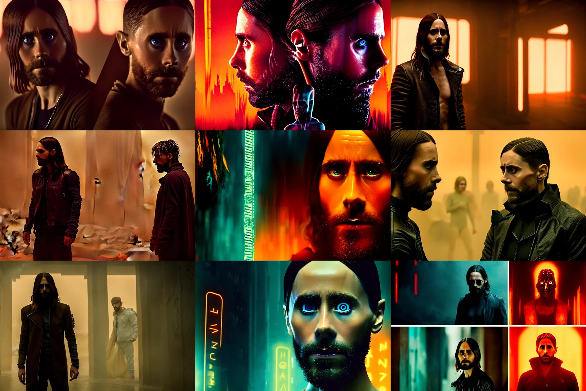 Prompt: the platonic ideal of jared leto as niander wallace, blade runner 2 0 4 9 and god complex, ayahuasca, ego death, detailed, intricate, hyperrealism, intense, scary, decay, cinestill by denis villeneuve