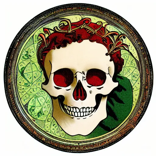 Image similar to skull in the center of a decorative art nouveau round frame, in the style of Mucha,