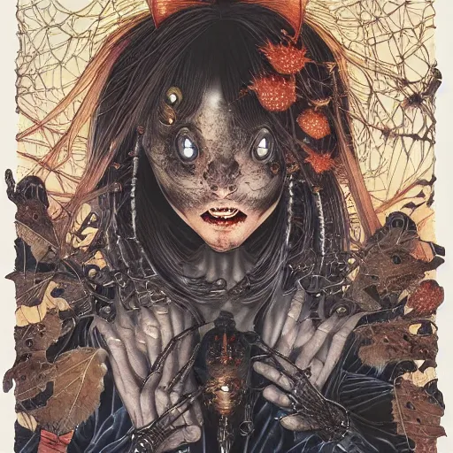 Image similar to portrait of crazy dark girl with spiders around, symmetrical, by yoichi hatakenaka, masamune shirow, josan gonzales and dan mumford, ayami kojima, takato yamamoto, barclay shaw, karol bak, yukito kishiro