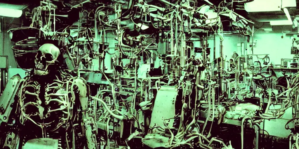 Prompt: a scary filmic wide shot color ground level angle movie still 35mm film photograph of the full body of a screaming and angry dangerous shape mechanical creature, with multiple sharp, leaking pistons, robot skulls and blades protruding from its lower torso inside of a 1970s science lab, neon lights, dirty, ektachrome photograph, volumetric lighting, f8 aperture, cinematic Eastman 5384 film