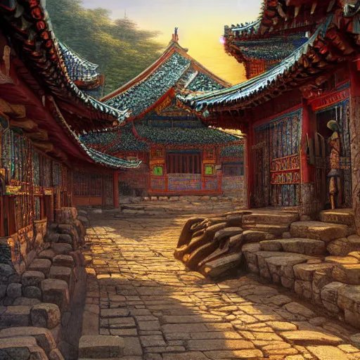 Image similar to artstation concept of an ancient korean village, bright colorful, gold, hyperdetailed, artstation trending, world renowned artists, worth1000.com, historic artworks society, antique renewel, cgsociety, by greg rutkowski, by Gustave Dore, Deviantart