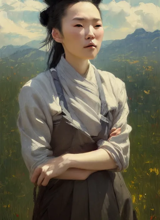 Prompt: portrait of Nezuko, countryside, calm, fantasy character portrait, dynamic pose, above view, sunny day, thunder clouds in the sky, artwork by Jeremy Lipkin and Giuseppe Dangelico Pino and Michael Garmash and Rob Rey, very coherent asymmetrical artwork, sharp edges, perfect face, simple form, 100mm