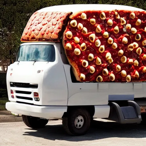 Prompt: a delivery truck with tires that look like Pizza's, driving on a road of peperoni, into the mouth of a giant hungry person