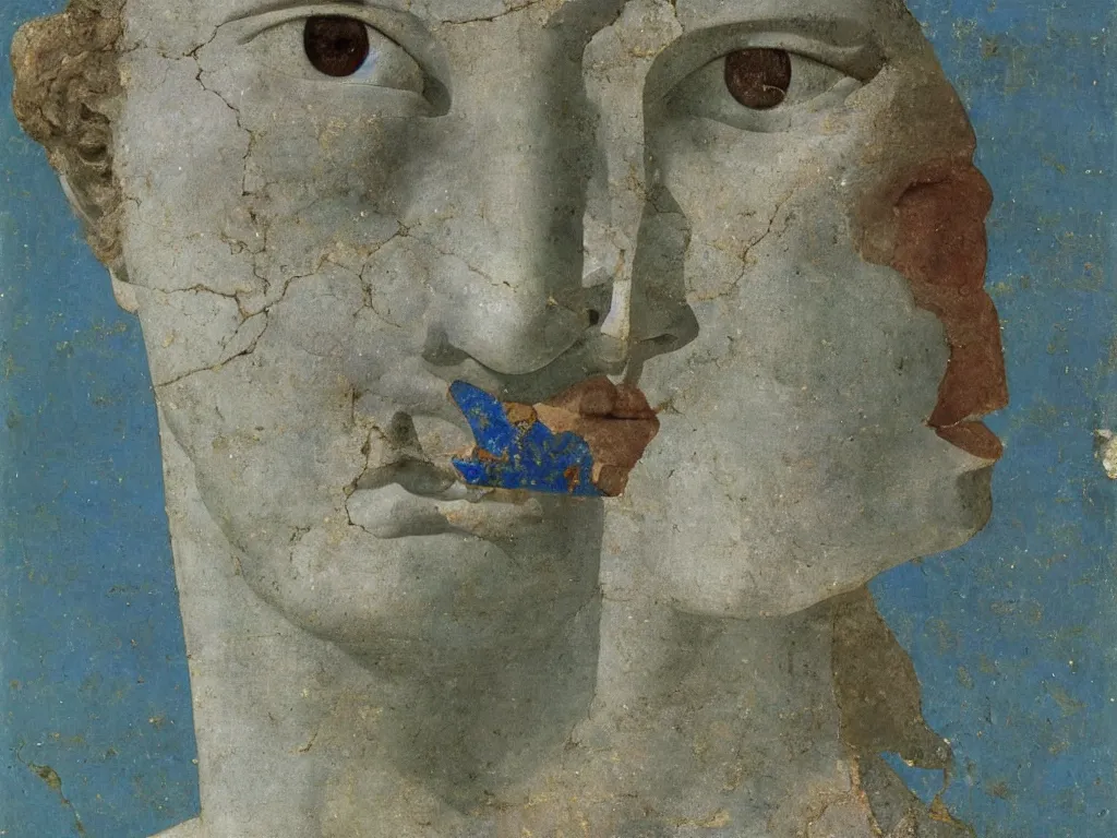 Image similar to broken marble greek sculpture head of the god of tranquility with inlaid crystal eye. lapis - lazuli, turquoise, malachite, cinnabar, earth brown. painting by piero della francesca, balthus, agnes pelton