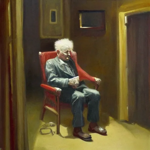 Image similar to angry old man in chair inside a dark house, painting by by ralph grady james, jean christian biville