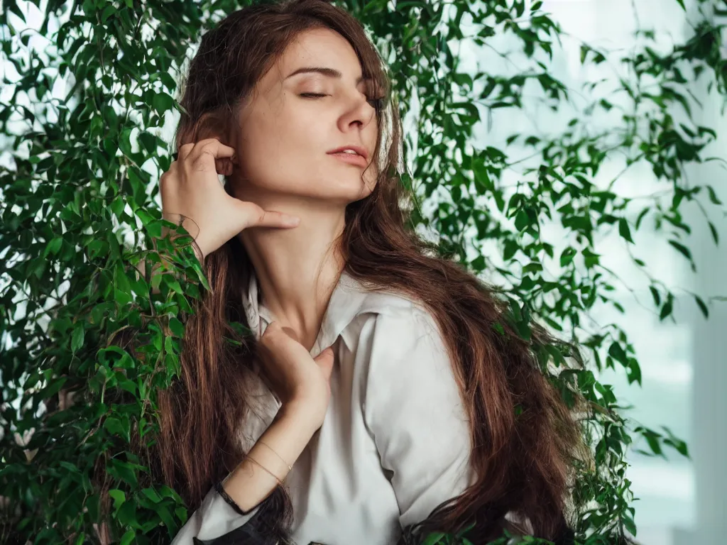 Prompt: woman thinking deeply, close up, head tilted wearing office suit, portrait pose beside window, green foliage in background, bokeh, backlighting, stock photo, 4k, octane render, photorealistic